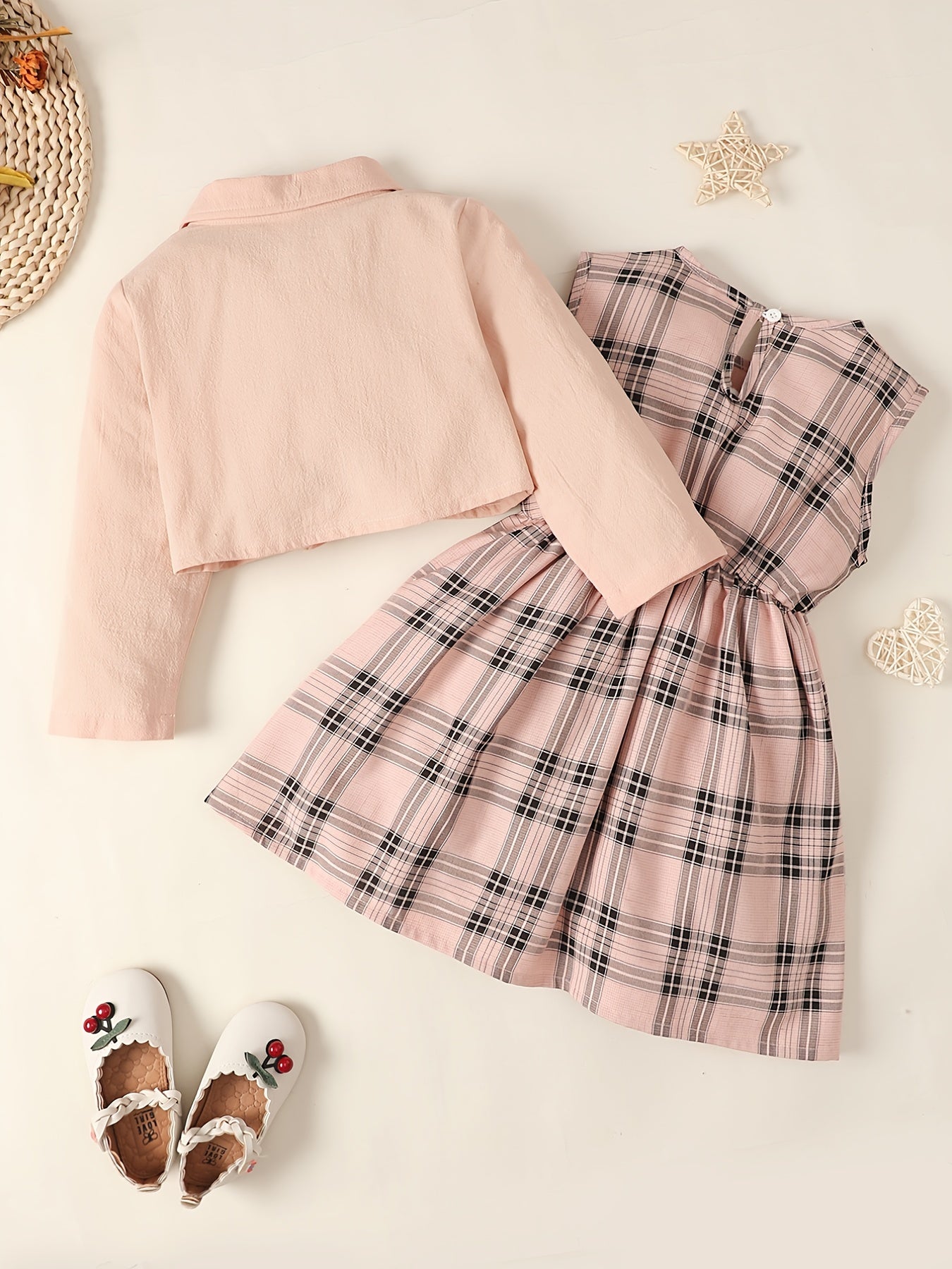 Girls Long Sleeve Shirt Top & Sleeveless Plaid Dress Set