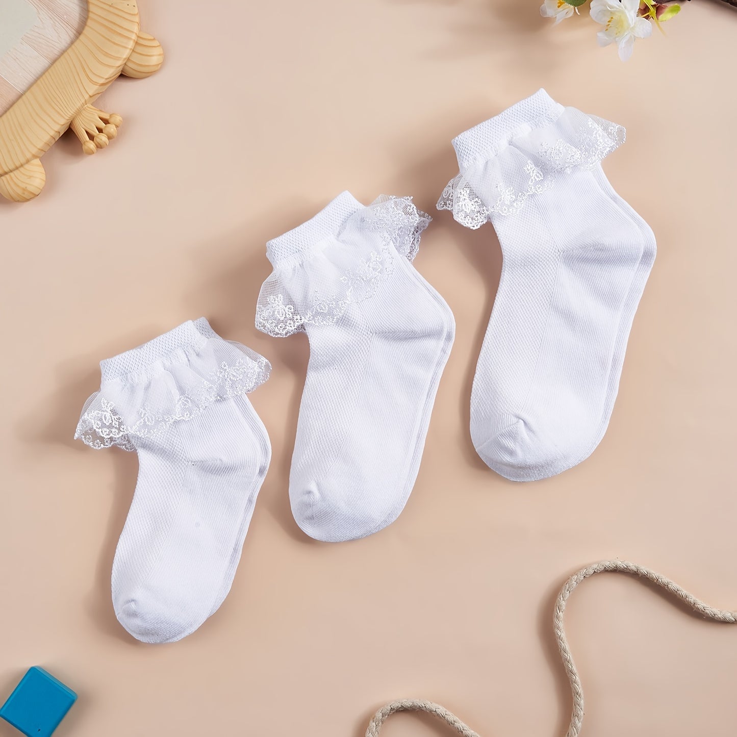 3pairs Girls Socks Solid Color Lace Ruffle Dance Crew Socks