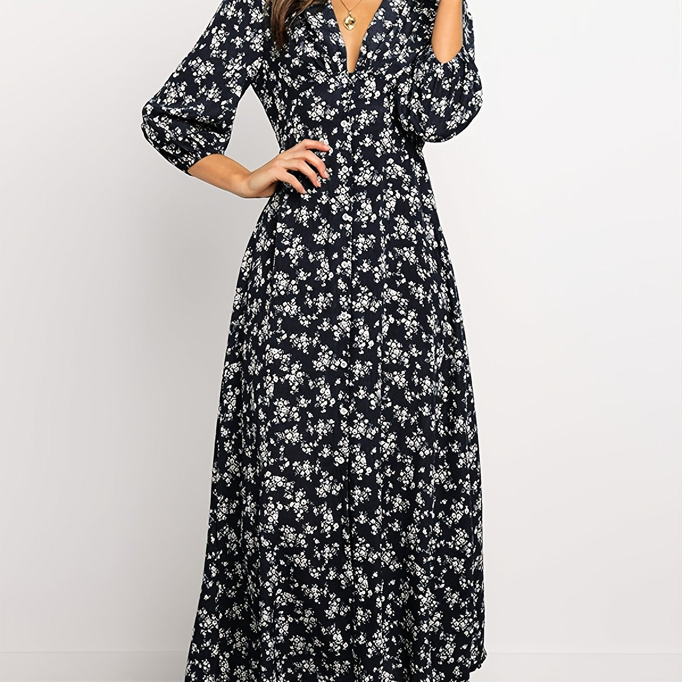 Women's Dirty Floral V Neck Long Sleeve Maxi Dress