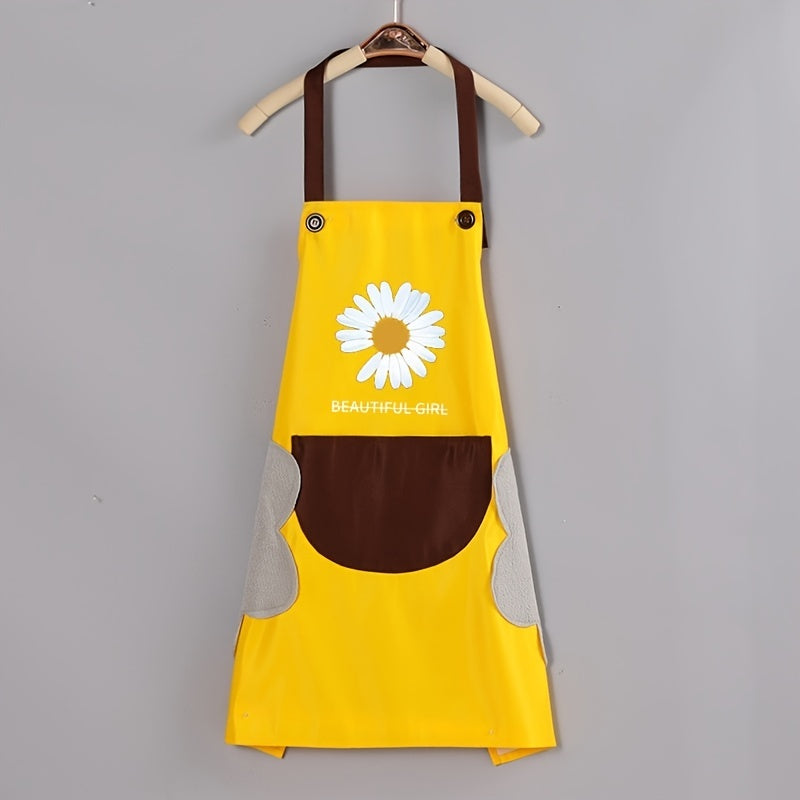 1PC Home Apron With Daisy Print, Adjustable Cooking Aprons, Waterproof And Oil-proof, Water-drop With 1 Big Pockets, Bib Aprons