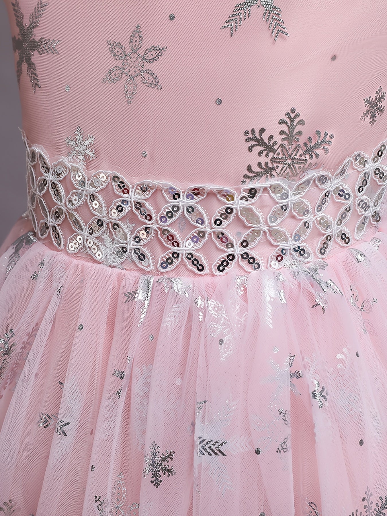 Girls Princess Dress with Mesh Hem and Snowflake Print