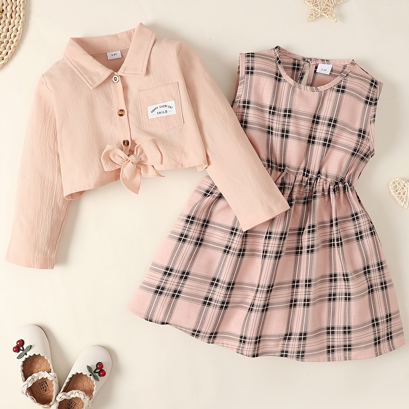 Girls Long Sleeve Shirt Top & Sleeveless Plaid Dress Set