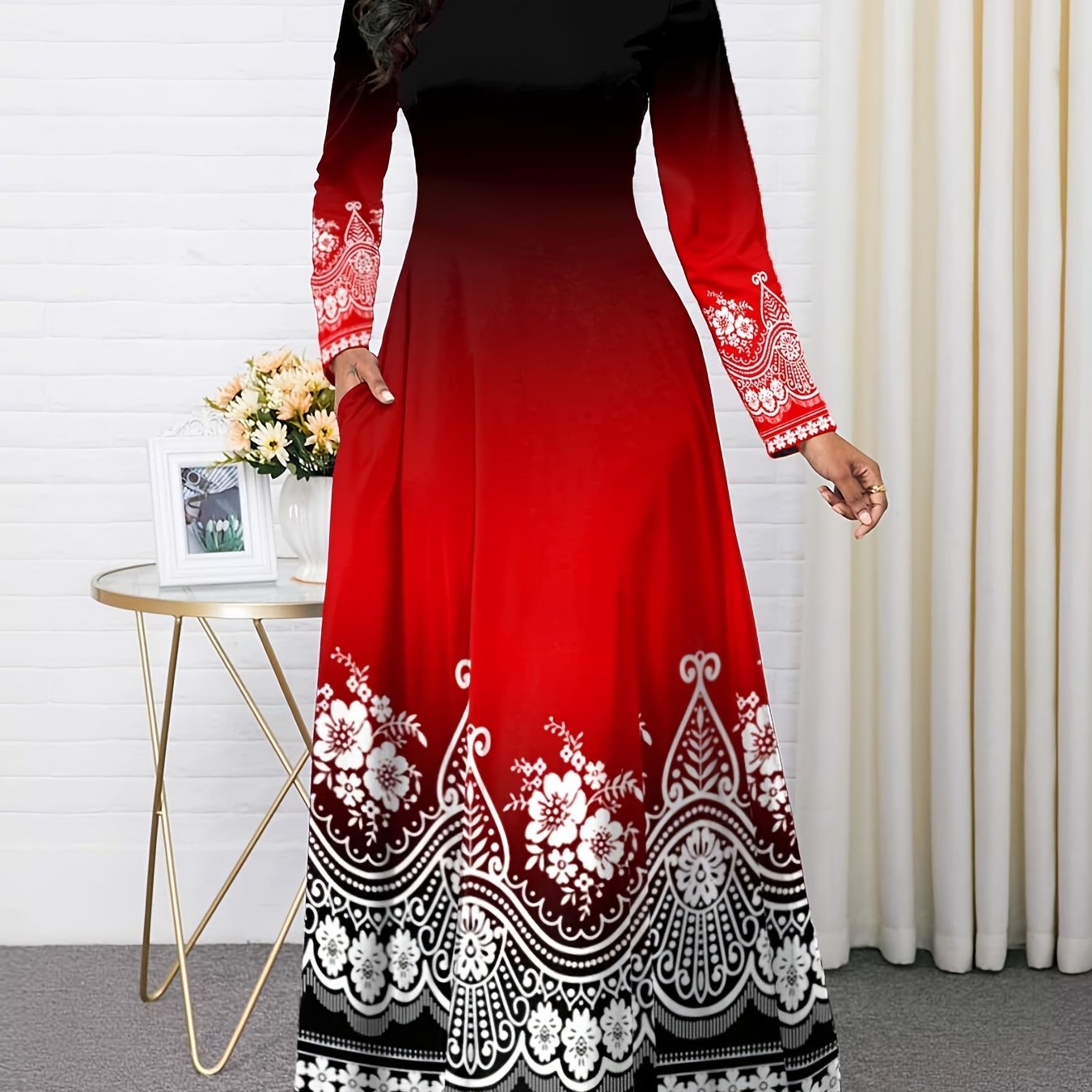Women's Vintage Floral Round Neck Maxi Dress