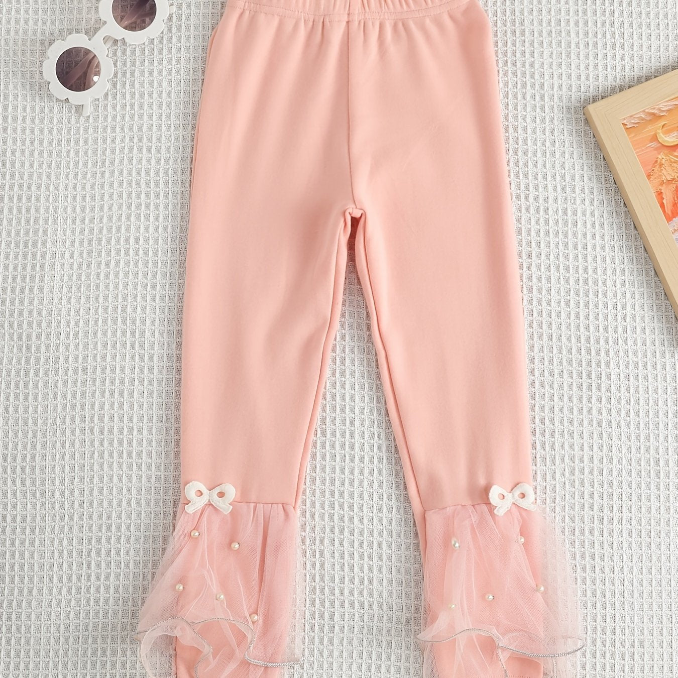 Casual Elegant Sweet Leggings with Mesh Lace, Faux Pearl Bow for Autumn and Winter