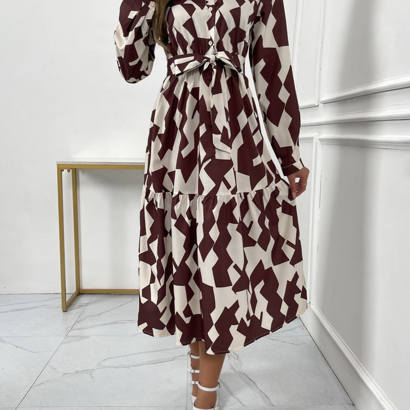 Geometric Print Elegant V-Neck Dress for Women