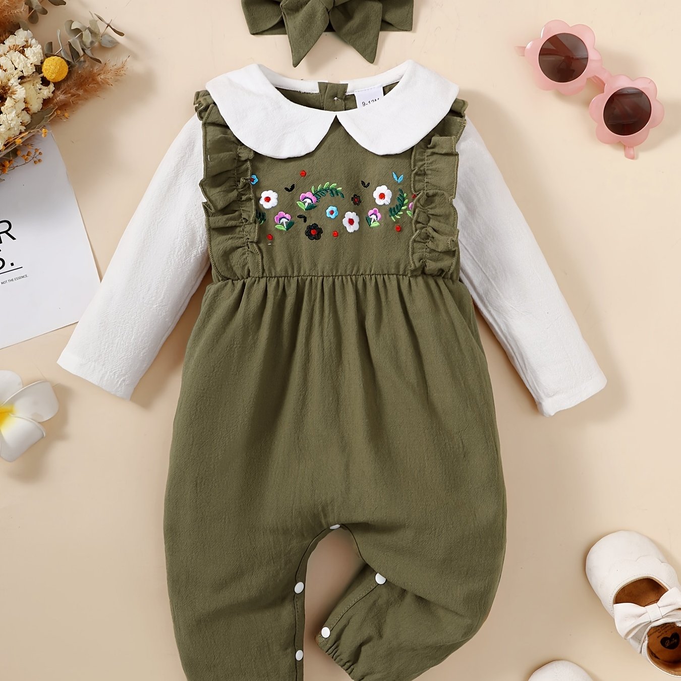 Newborn Infant Romper with Flower Embroidery