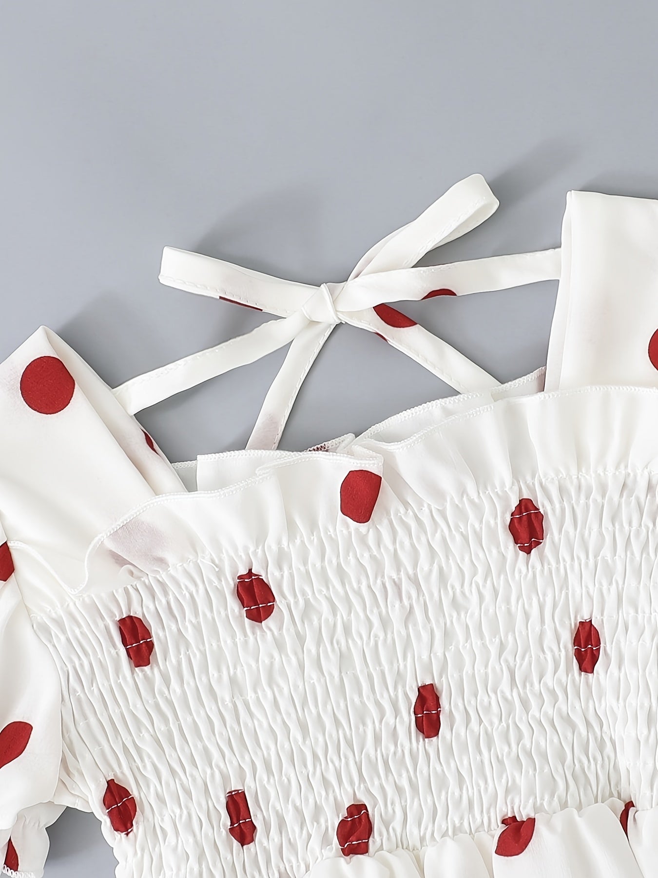Cute Red Polka Dot Print Short Bubble Sleeve Ruffled Hem Dress