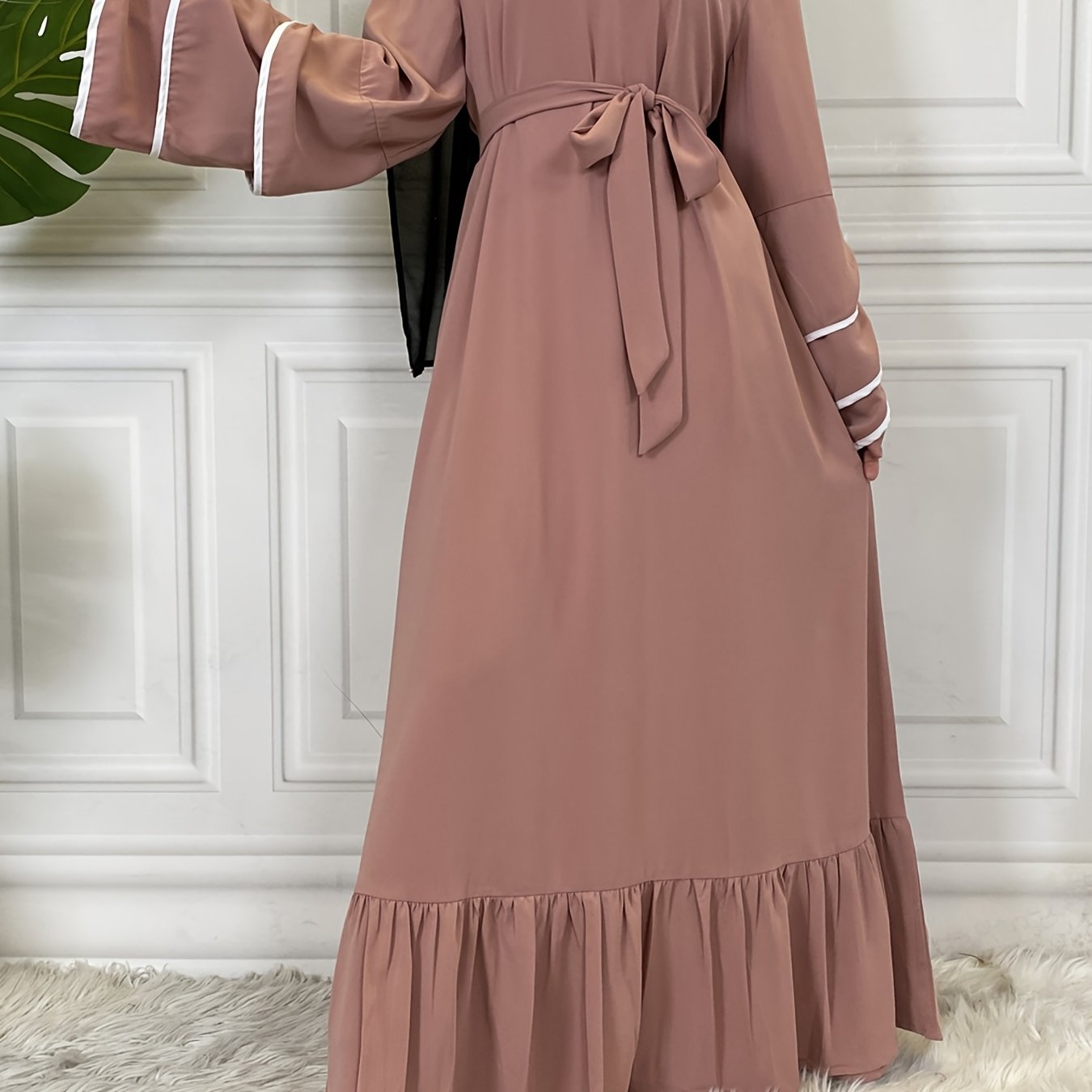 Women's Solid Muslim Petal Sleeve Crew Neck Loose Dress