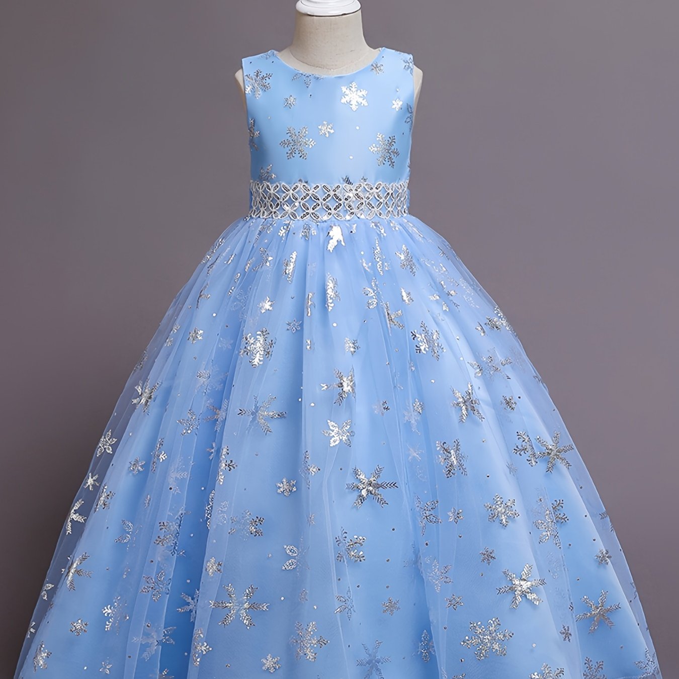 Girls Princess Dress with Mesh Hem and Snowflake Print