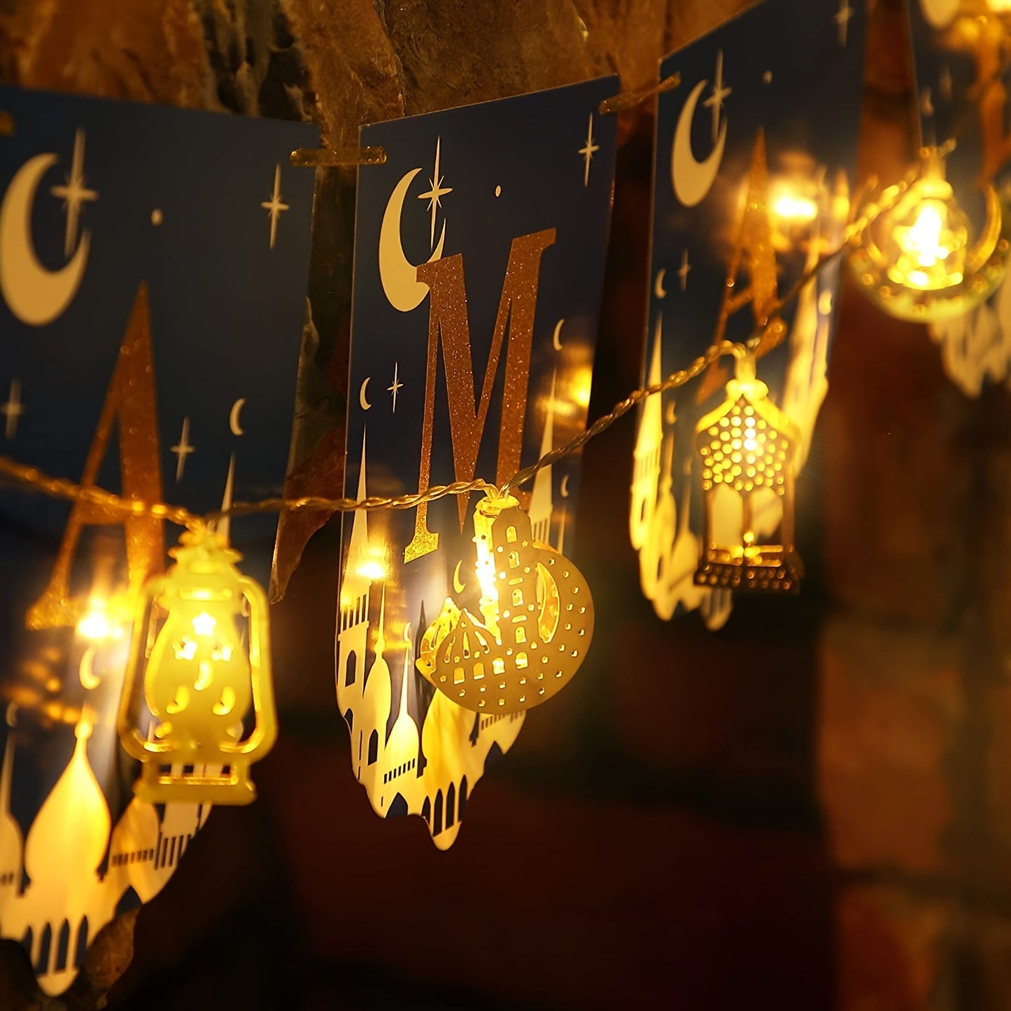 6.56 Feet 10 LEDs Eid Moon Star Kerosene Lantern Lamp, Battery Operated for Ramadan Outdoor Home Decoration Party Supplies, Ramadan Kareem, Holiday Accessory (Warm White Color)