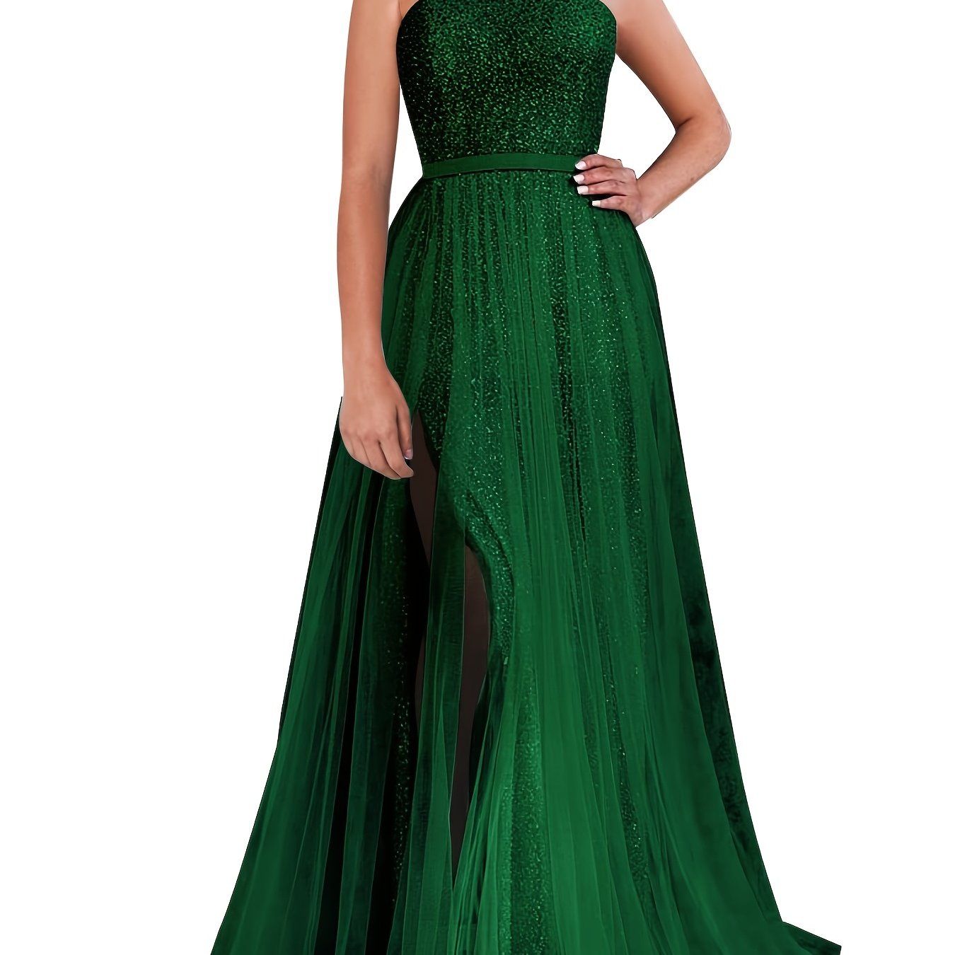 Strapless Sequins Prom Dress, Long Tulle Ball Gown Split Sparkly Formal Evening Party Gown For Women, Women's Clothing