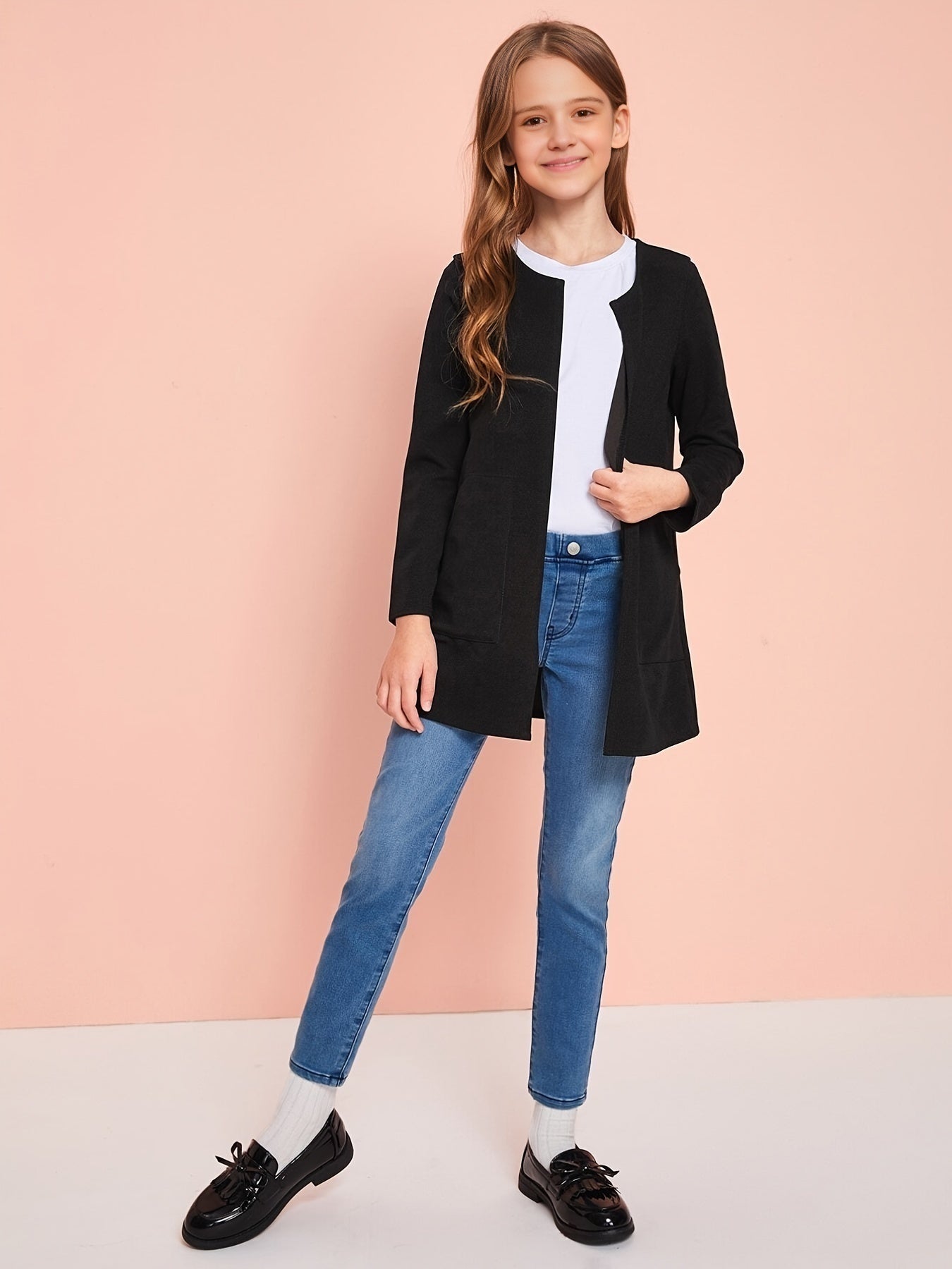 Girls Open Front Solid Knit Cardigan Jacket