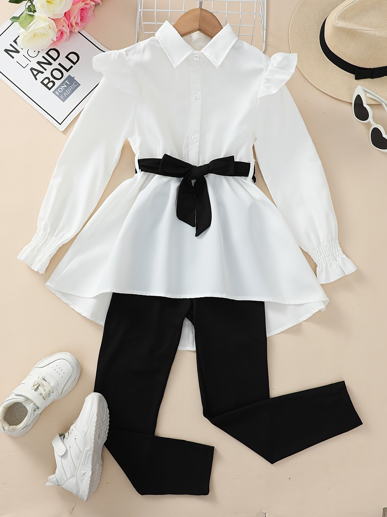 Cute Casual Elegant Shirt Dress with Belt & Leggings Set