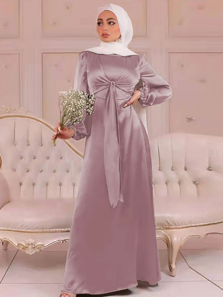 Elegant Wrap Satin Abaya Muslim Long Dress for Women Fashion Hijab