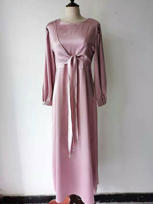 Elegant Wrap Satin Abaya Muslim Long Dress for Women Fashion Hijab