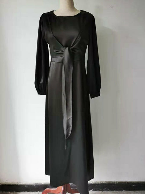 Elegant Wrap Satin Abaya Muslim Long Dress for Women Fashion Hijab