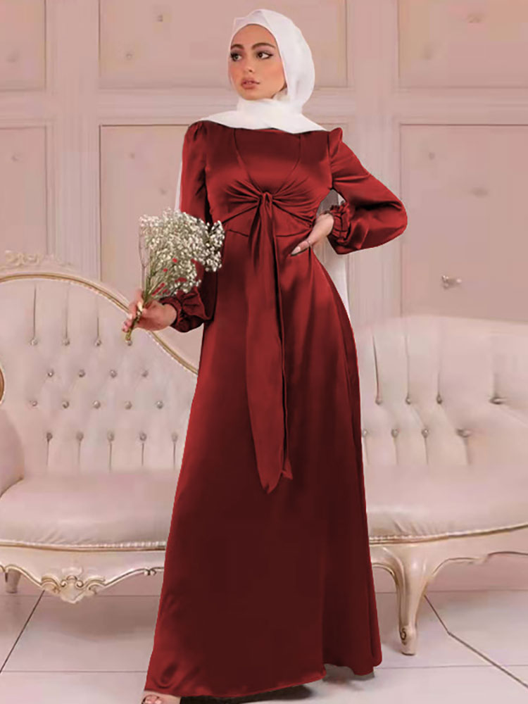 Elegant Wrap Satin Abaya Muslim Long Dress for Women Fashion Hijab