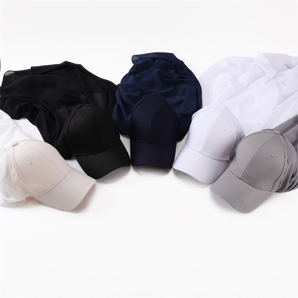 Fashion Premium Chiffon Shawl & Baseball Cap Instant Hijab Set