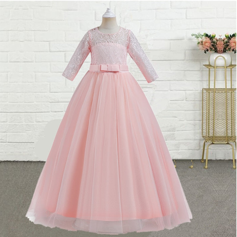 Elegant Pink Lace Flower Princess Dress for Girls: Perfect for Eid Celebrations