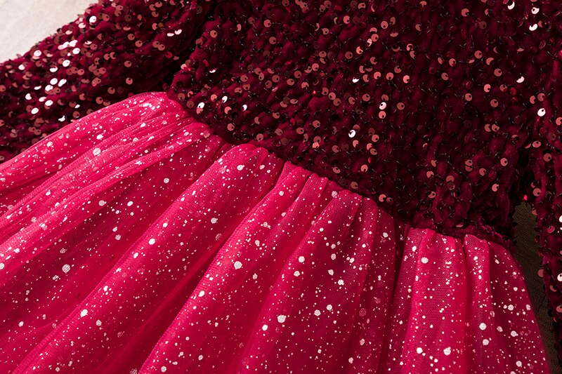 Shining in Red: Girl's Long Sleeve Sequin Dresses for Autumn/Winter Birthday Parties