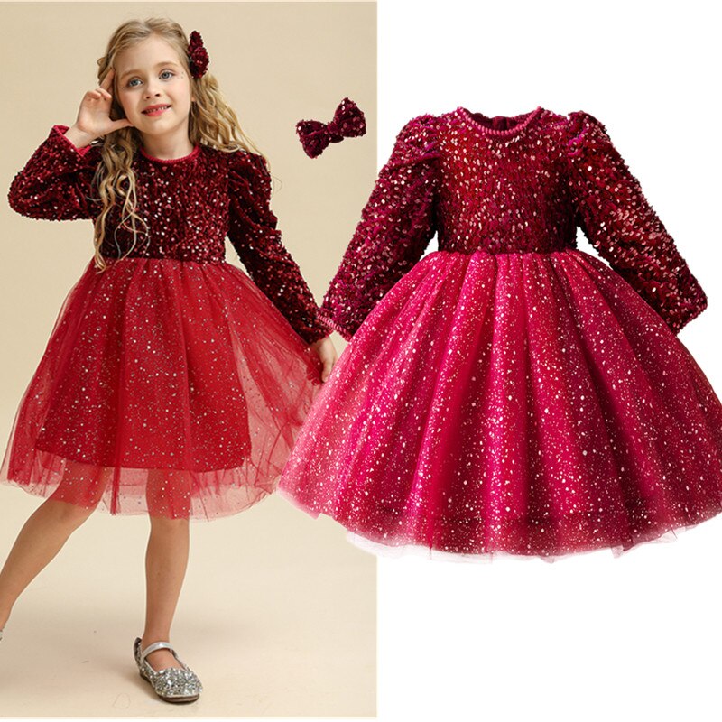 Shining in Red: Girl's Long Sleeve Sequin Dresses for Autumn/Winter Birthday Parties