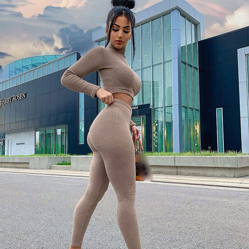 2022-Sexy Knitted Skinny Two Piece Set Women Long