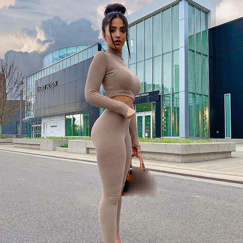2022-Sexy Knitted Skinny Two Piece Set Women Long
