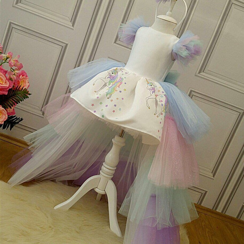 Rainbow Cake Girls Unicorn Dress Long Tail Train Dress Baby Girl