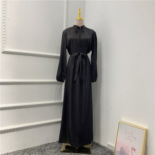 Muslim Long Dress Dubai Abaya Big Hem Women Elegant Solid Color Satin
