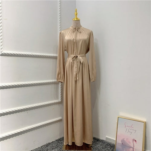 Muslim Long Dress Dubai Abaya Big Hem Women Elegant Solid Color Satin