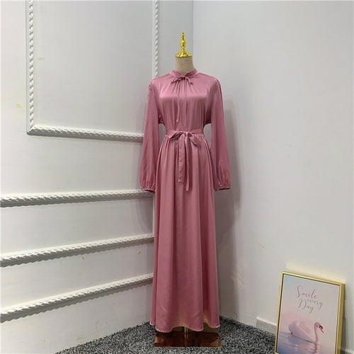 Muslim Long Dress Dubai Abaya Big Hem Women Elegant Solid Color Satin