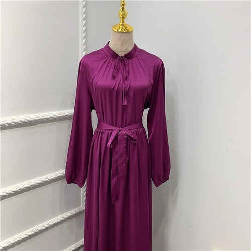 Muslim Long Dress Dubai Abaya Big Hem Women Elegant Solid Color Satin