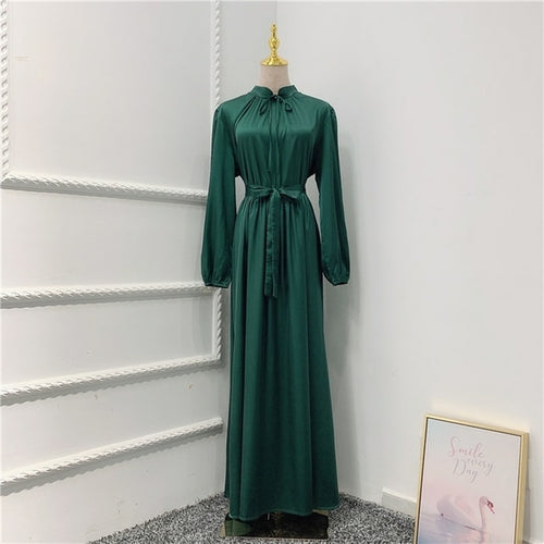 Muslim Long Dress Dubai Abaya Big Hem Women Elegant Solid Color Satin