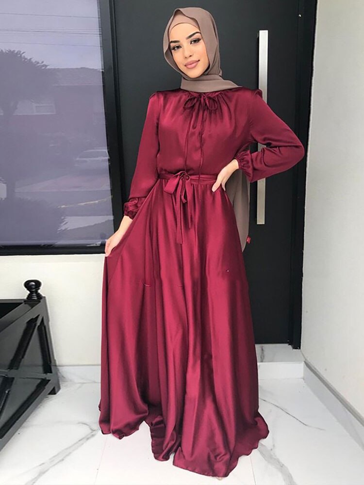 Muslim Long Dress Dubai Abaya Big Hem Women Elegant Solid Color Satin