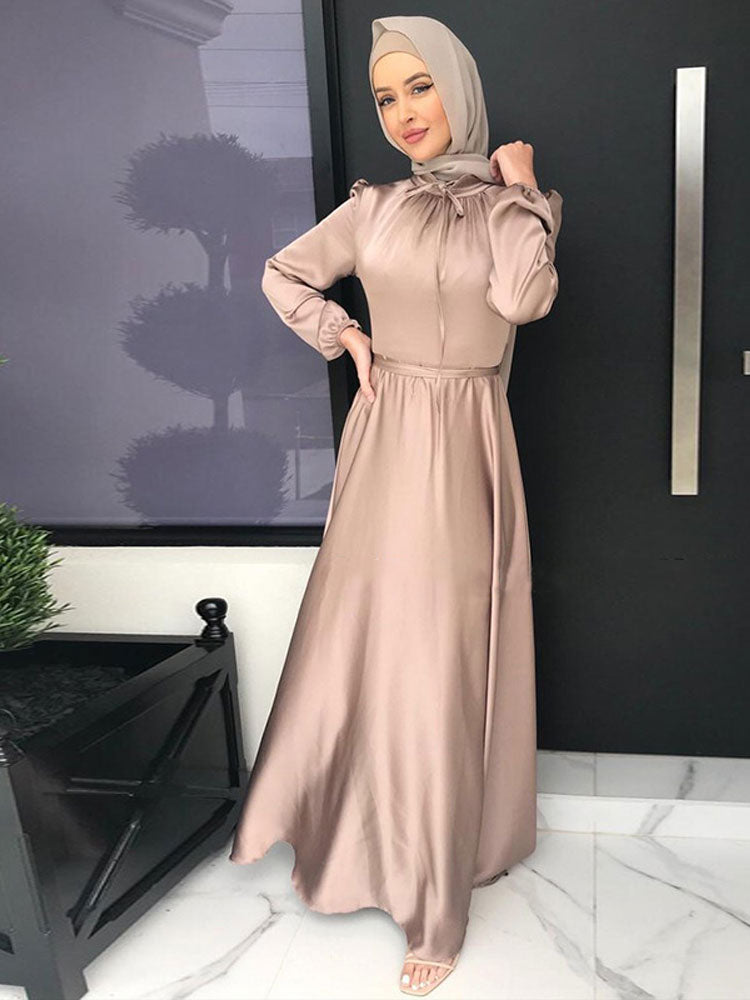 Muslim Long Dress Dubai Abaya Big Hem Women Elegant Solid Color Satin