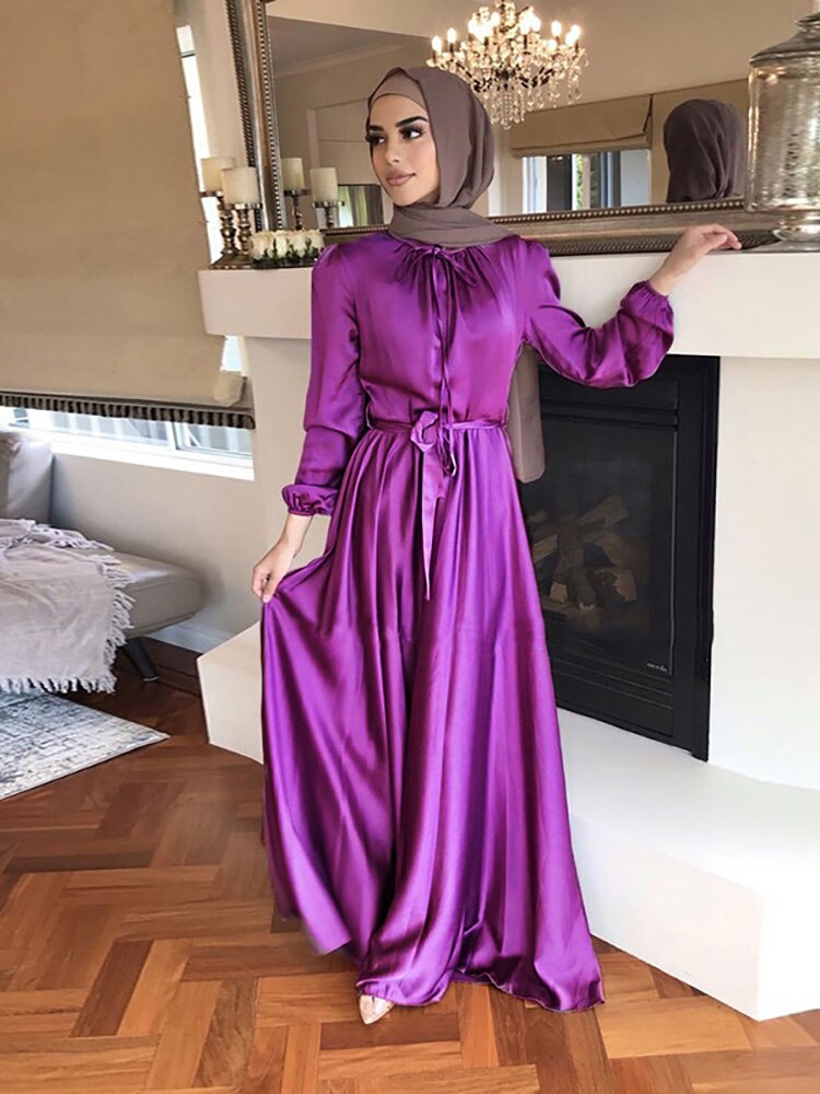 Muslim Long Dress Dubai Abaya Big Hem Women Elegant Solid Color Satin