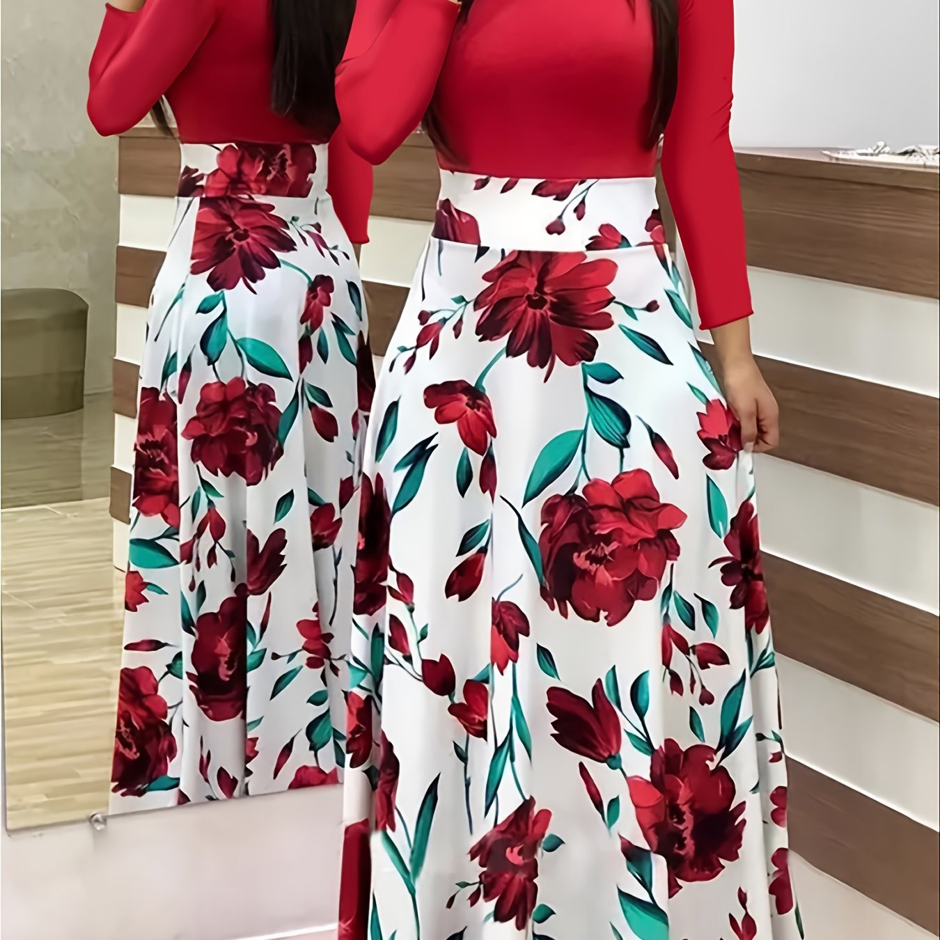 Plus Size Colorblock Floral Print Long Sleeve Maxi Dress