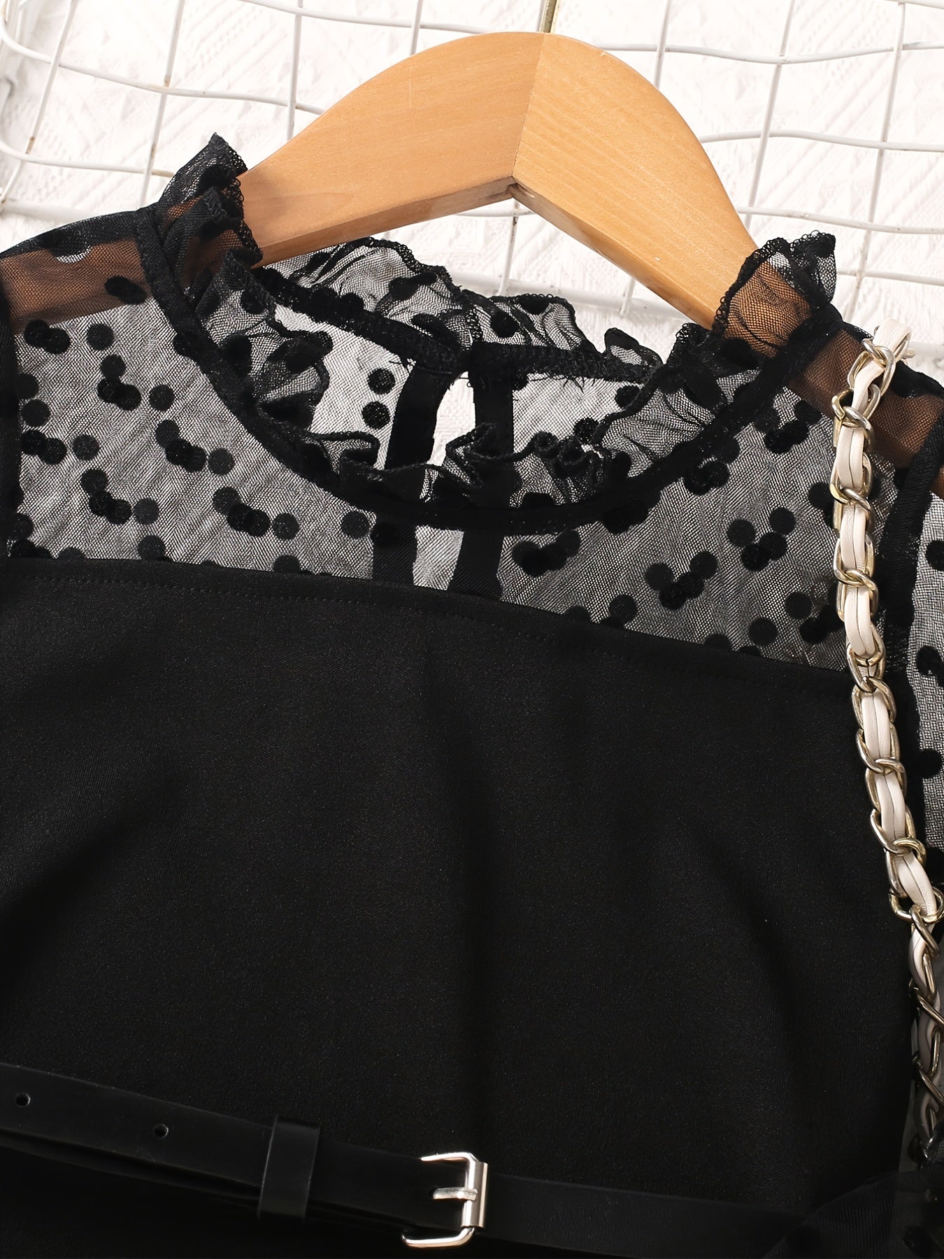 Girls Long Puff Sleeve Black Polka Dot Print Splicing Tulle Dress With Belt