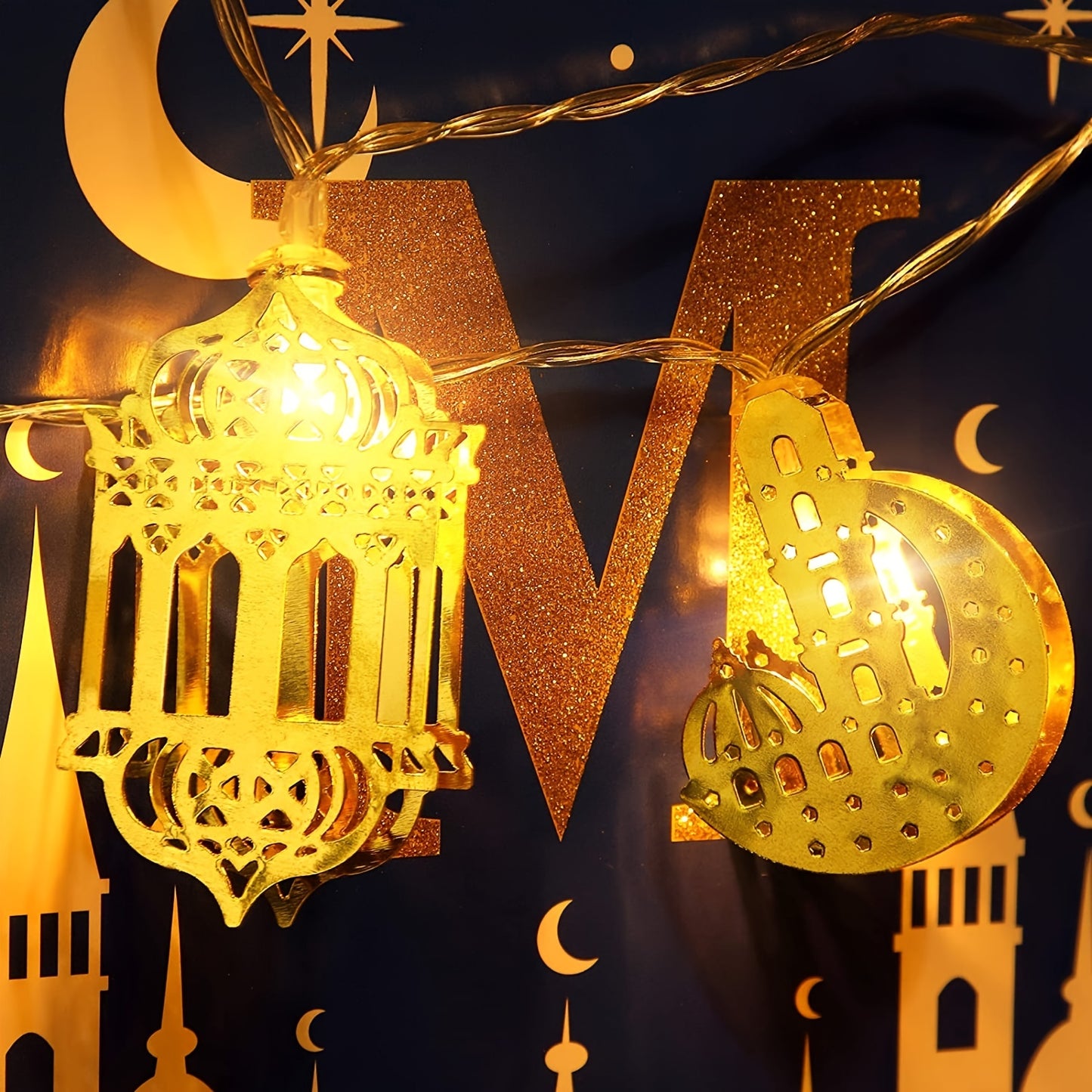 6.56 Feet 10 LEDs Eid Moon Star Kerosene Lantern Lamp, Battery Operated for Ramadan Outdoor Home Decoration Party Supplies, Ramadan Kareem, Holiday Accessory (Warm White Color)