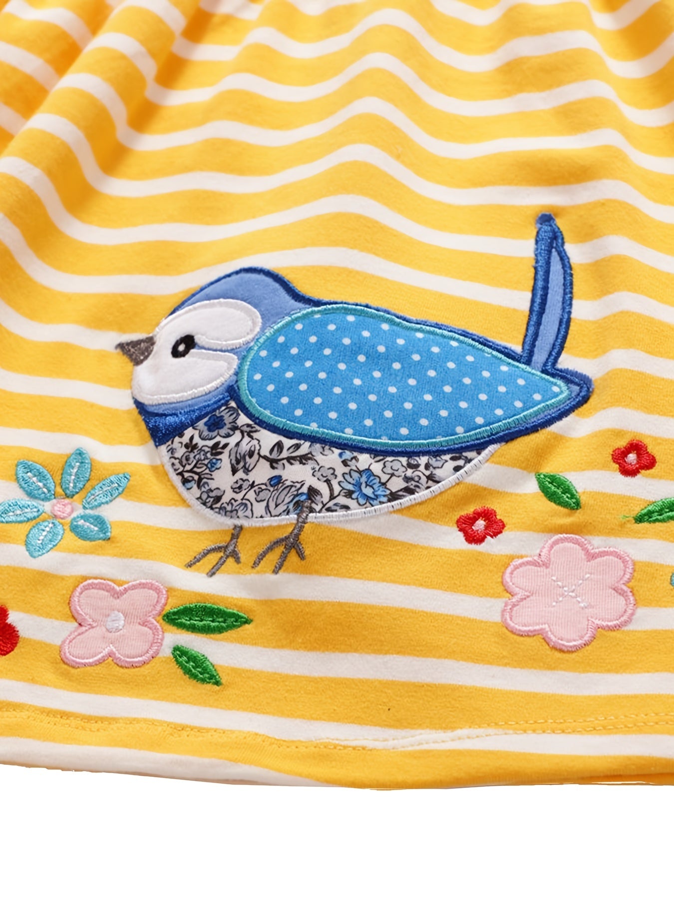 Cute Bird and Floral Embroidery Striped Summer Dress