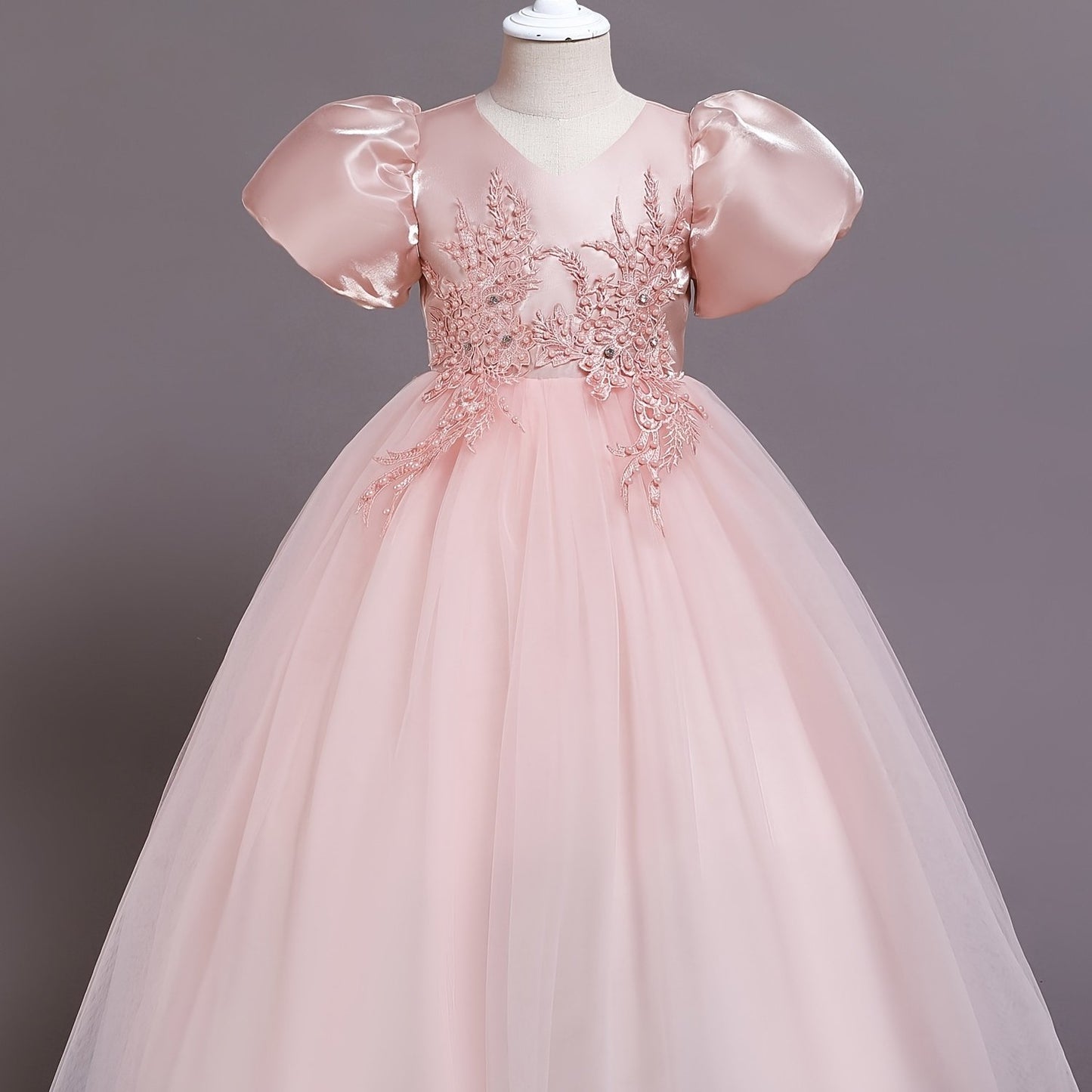 Elegant V-neck Puff Sleeve Embroidered Princess Dress