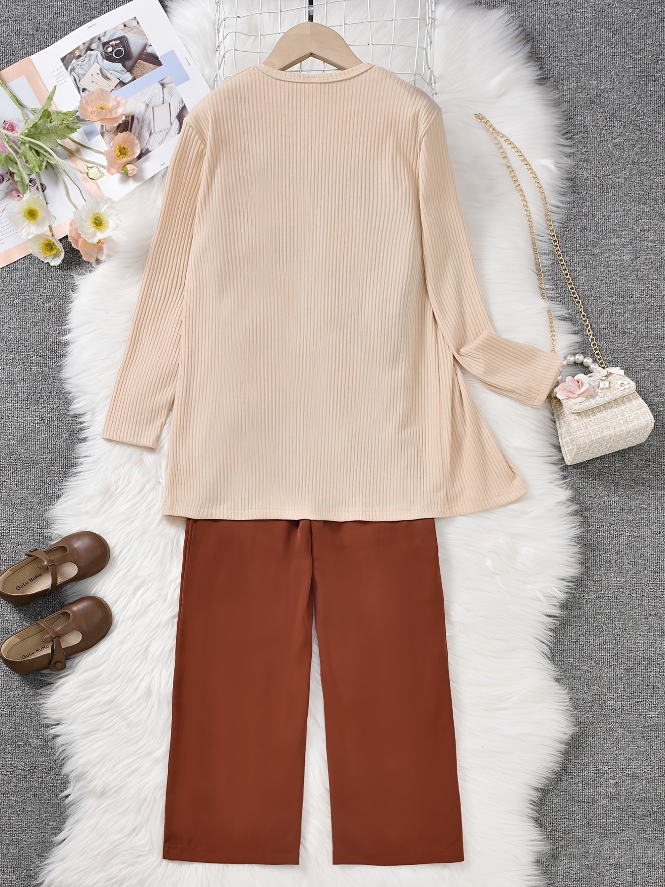 3PCS Girls Cotton Coat & Brown Jumpsuit with Bow Belt Set