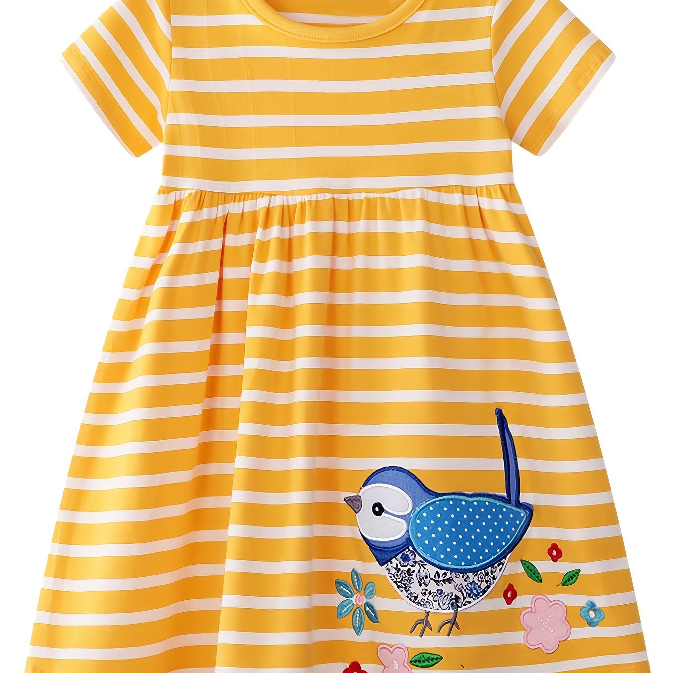 Cute Bird and Floral Embroidery Striped Summer Dress