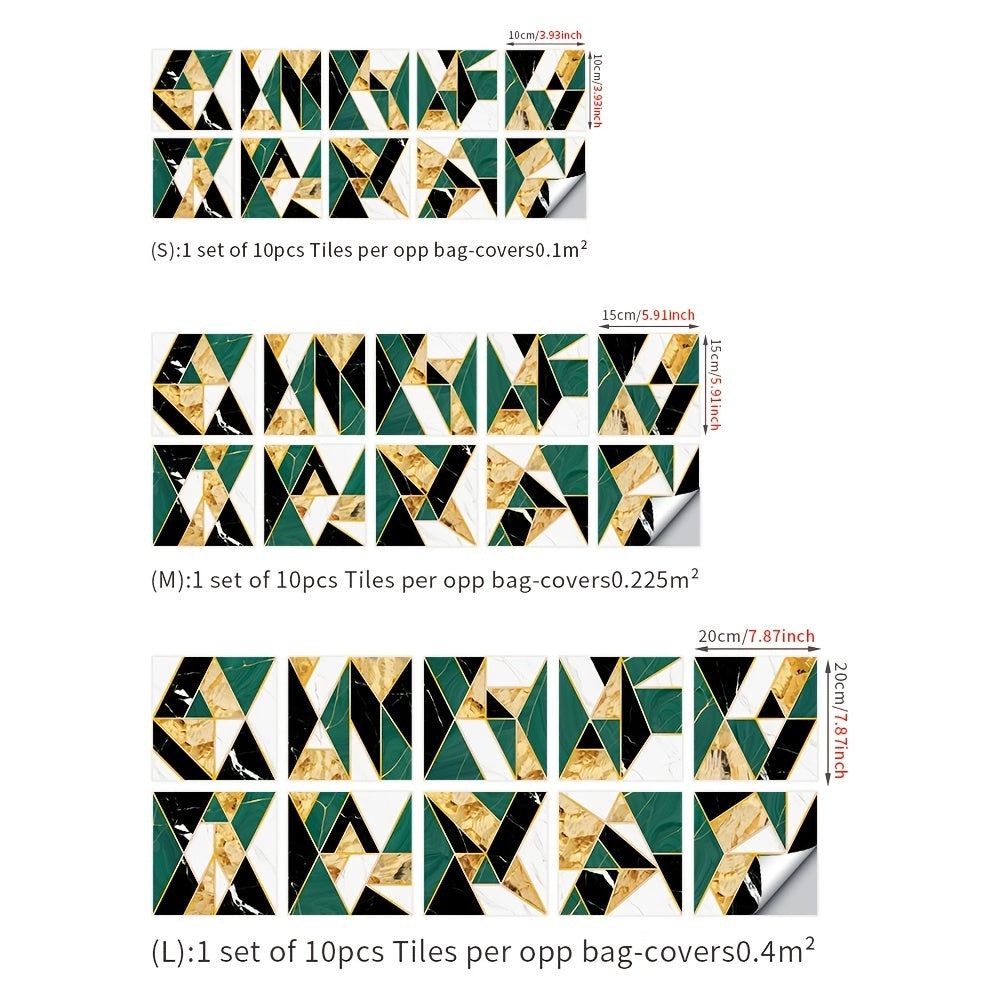 10pcs Colorful Modern Wall Sticker Set - Golden Green Bathroom Decor, Removable Vinyl Tile Stickers, Self Adhesive