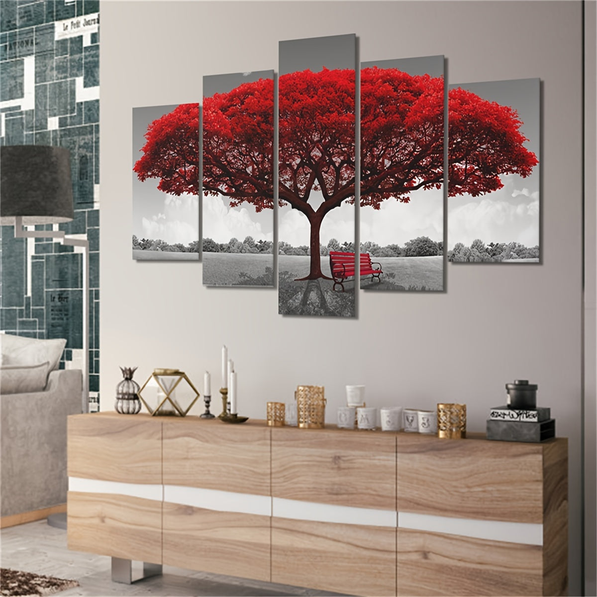 5pcs Frameless Red Benches Under The Big Tree Wall Art Painting Set