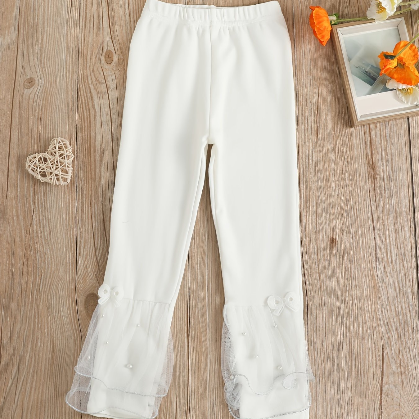 Casual Elegant Sweet Leggings with Mesh Lace, Faux Pearl Bow for Autumn and Winter
