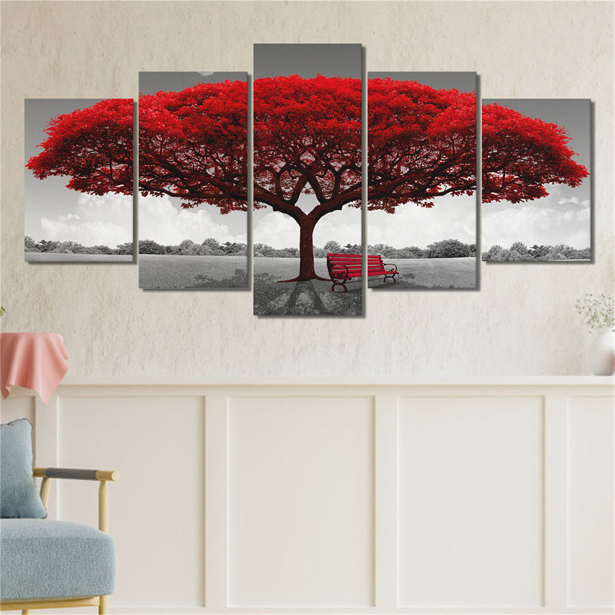 5pcs Frameless Red Benches Under The Big Tree Wall Art Painting Set