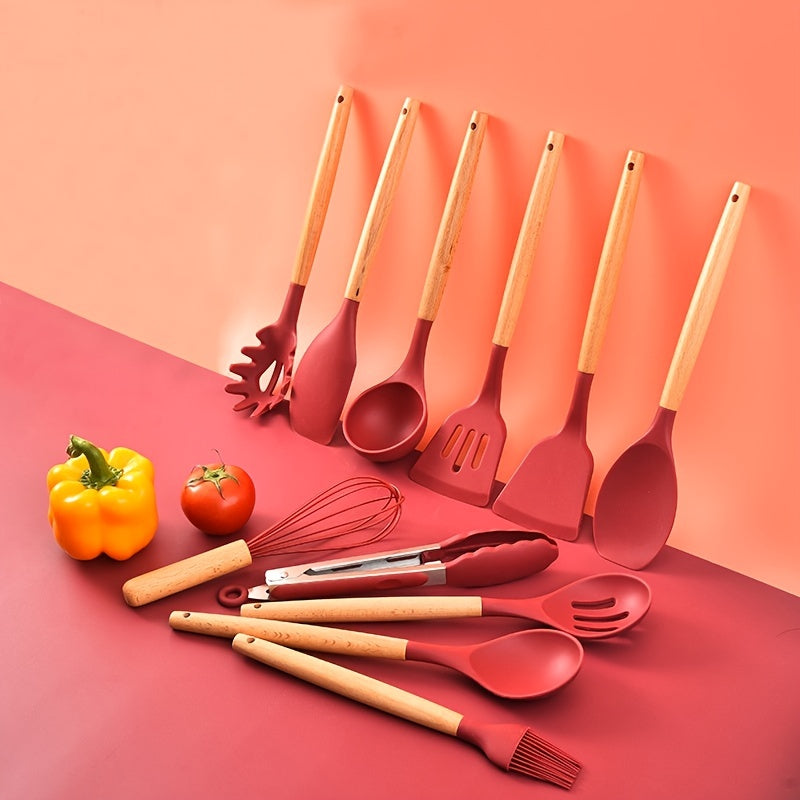 12-Piece Wooden Handle Silicone Kitchenware Set