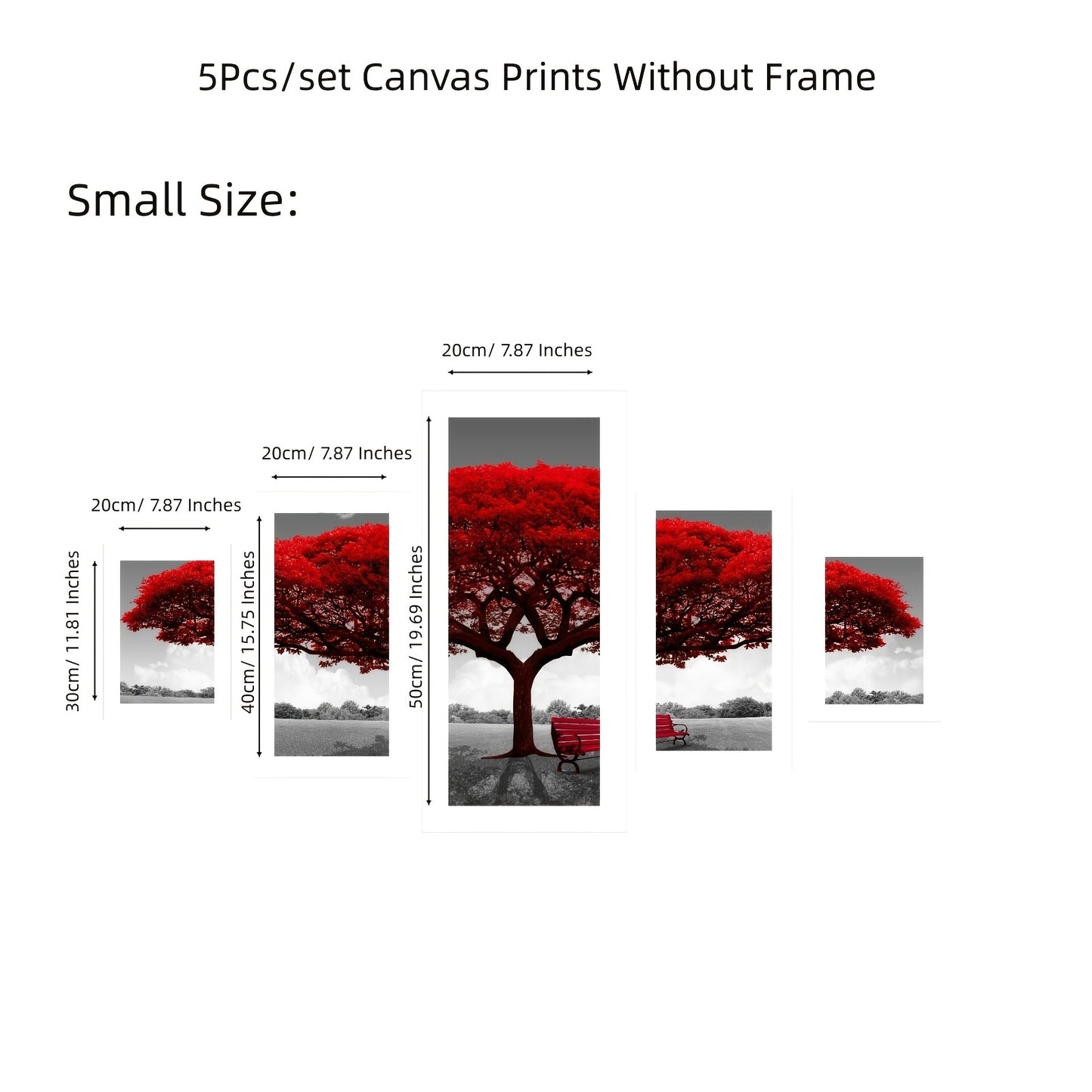 5pcs Frameless Red Benches Under The Big Tree Wall Art Painting Set