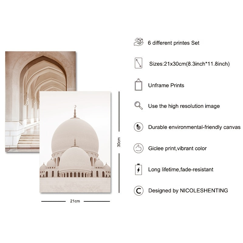 6 Piece Set of Mosque Ancient Door Islamic Art Canvas Paintings